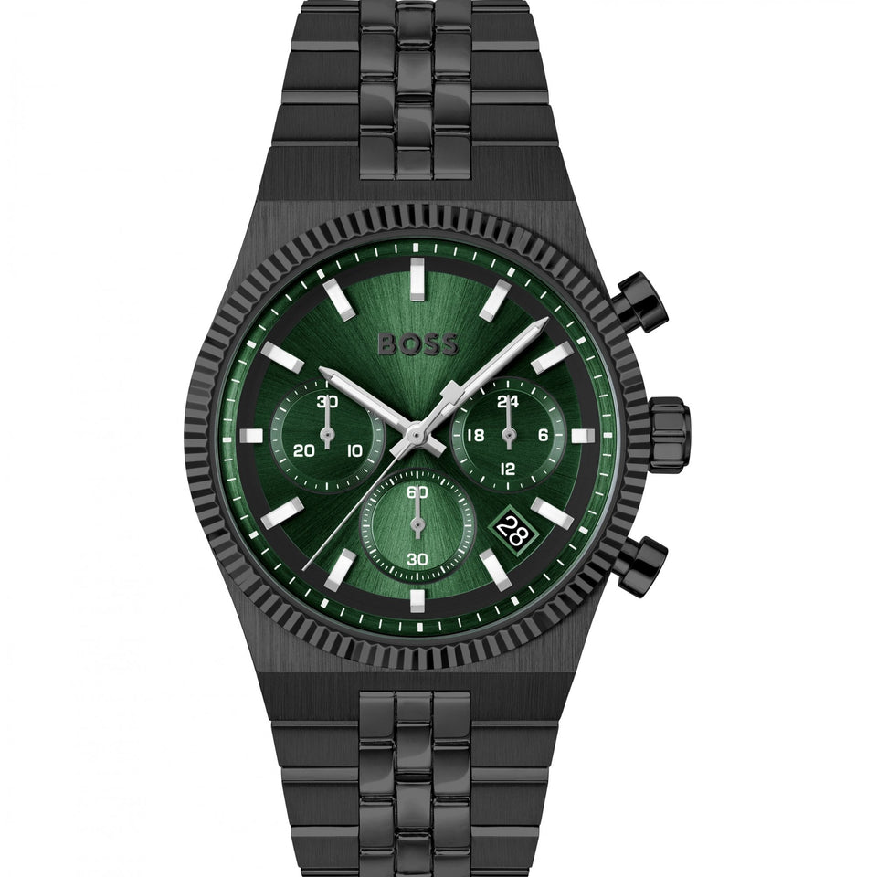 BOSS Men's Candor Prime Green Dial Black IP Plated Watch