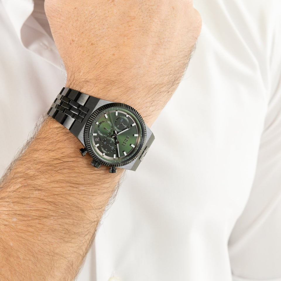 BOSS Men's Candor Prime Green Dial Black IP Plated Watch
