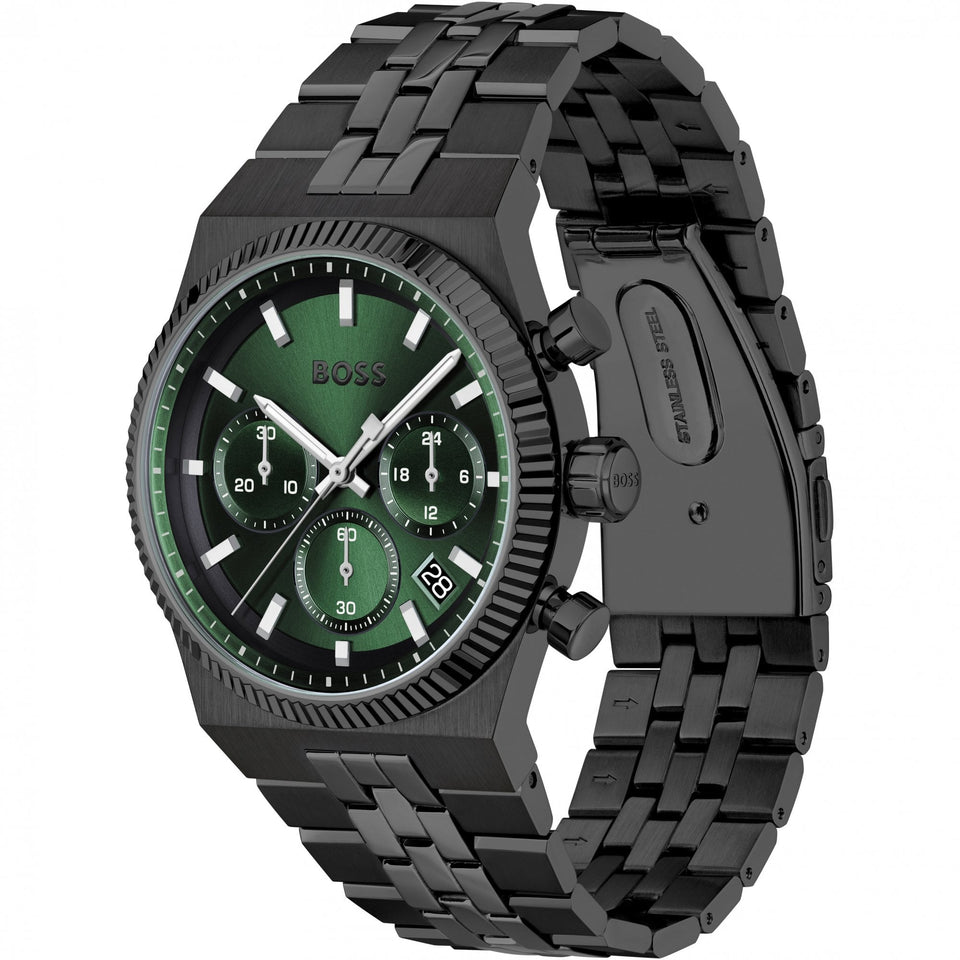 BOSS Men's Candor Prime Green Dial Black IP Plated Watch