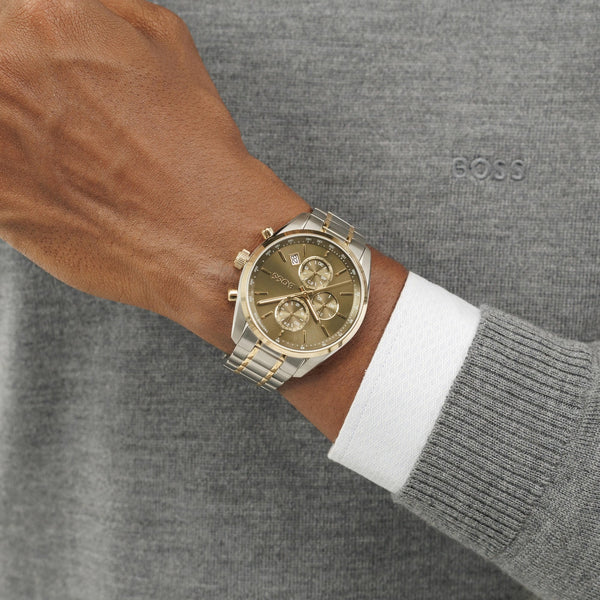 BOSS Men's GRAND PRIX 44mm Green Dial Two Tone Watch