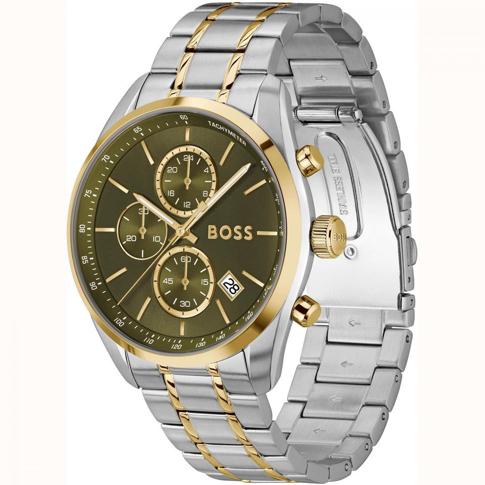 BOSS Men's GRAND PRIX 44mm Green Dial Two Tone Watch