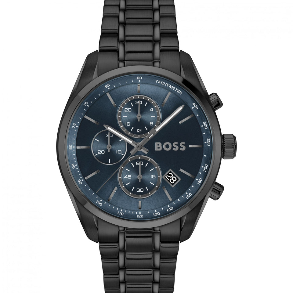 BOSS Men's Grand Prix Blue Dial Black IP Plated Bracelet Watch