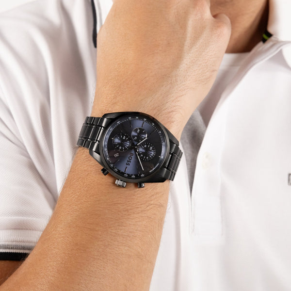 BOSS Men's Grand Prix Blue Dial Black IP Plated Bracelet Watch
