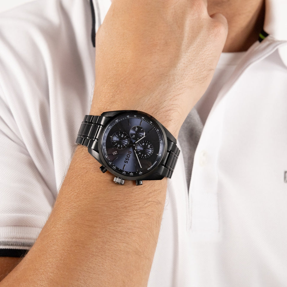 BOSS Men's Grand Prix Blue Dial Black IP Plated Bracelet Watch