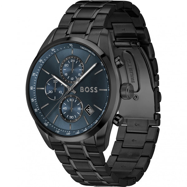 BOSS Men's Grand Prix Blue Dial Black IP Plated Bracelet Watch