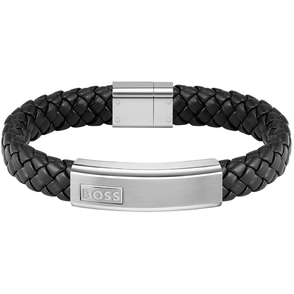 BOSS Men's Landor Black Leather Braided Bracelet