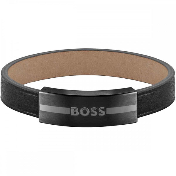 BOSS Men's Luke Black Leather Black IP Closure Bracelet