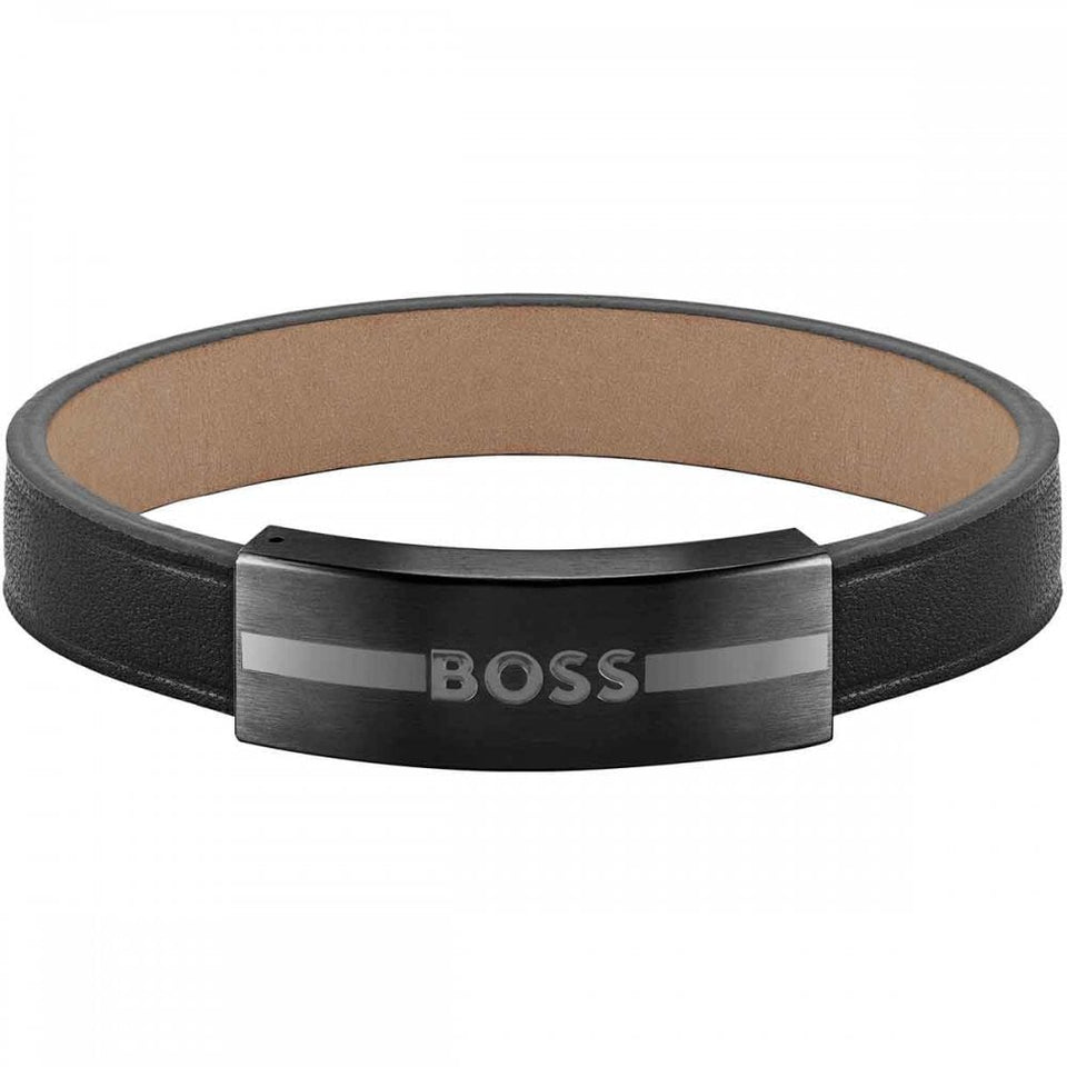 BOSS Men's Luke Black Leather Black IP Closure Bracelet