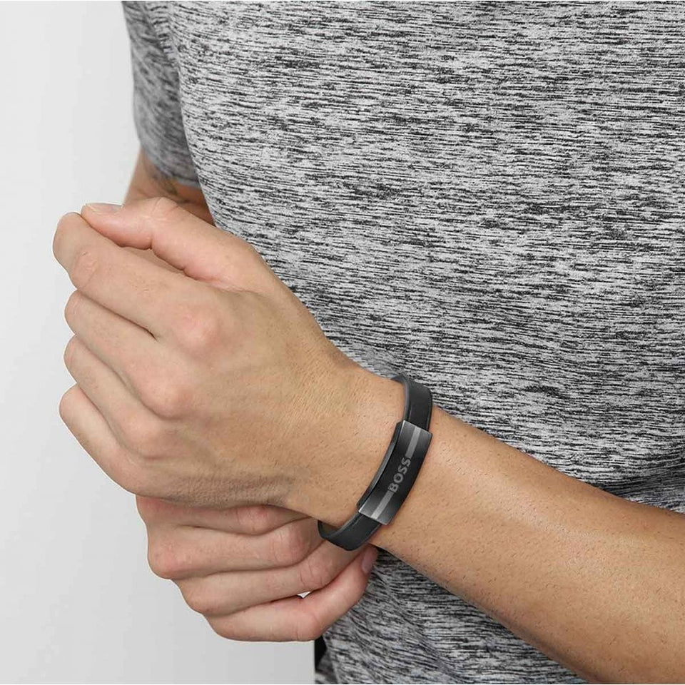 BOSS Men's Luke Black Leather Black IP Closure Bracelet