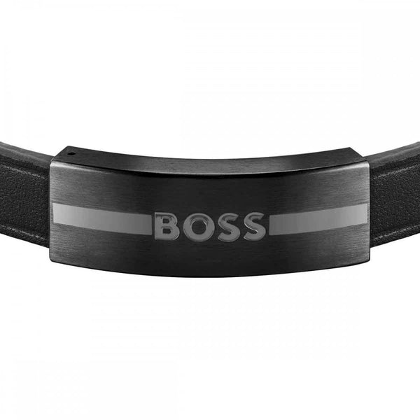 BOSS Men's Luke Black Leather Black IP Closure Bracelet