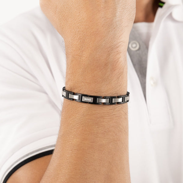 BOSS Men's Nolan Black & Silver Link Bracelet