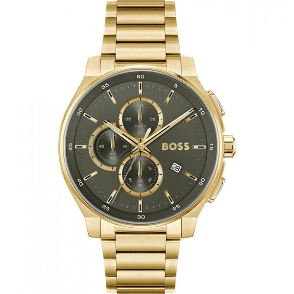 BOSS Men's PEAK 2.0 44mm Khaki Dial Gold PVD Bracelet Watch