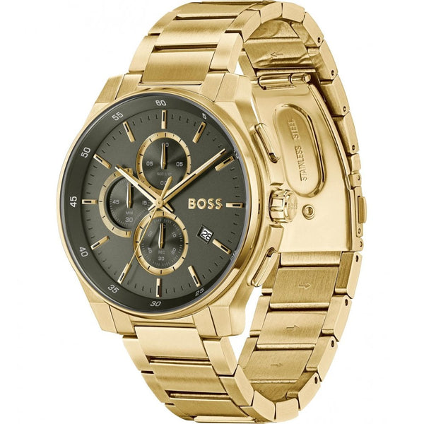 BOSS Men's PEAK 2.0 44mm Khaki Dial Gold PVD Bracelet Watch