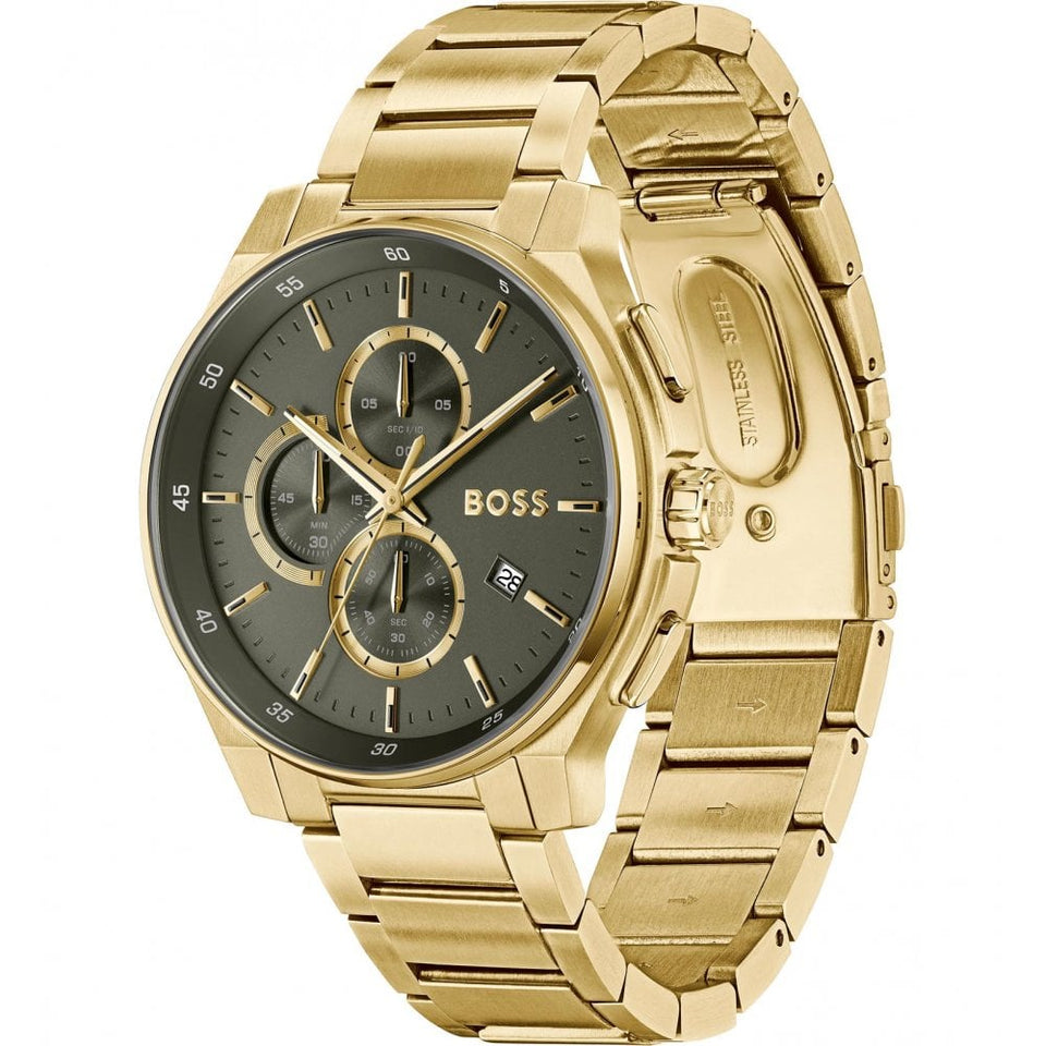BOSS Men's PEAK 2.0 44mm Khaki Dial Gold PVD Bracelet Watch