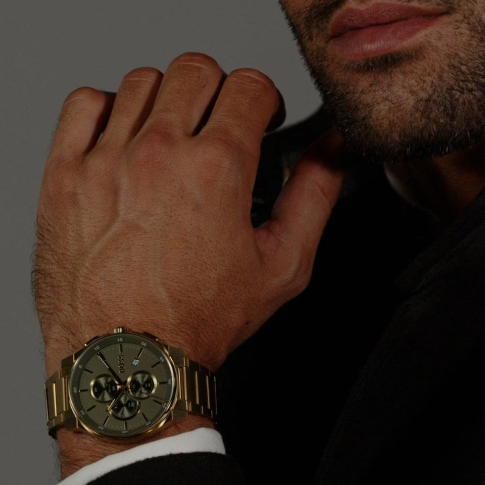 BOSS Men's PEAK 2.0 44mm Khaki Dial Gold PVD Bracelet Watch