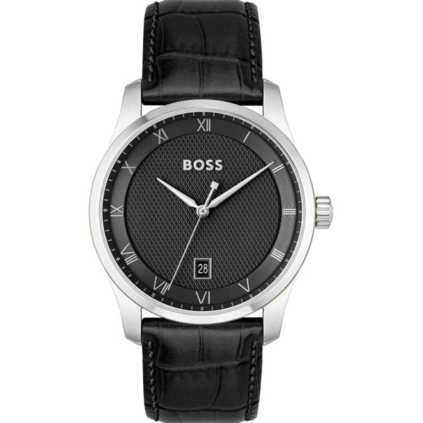 BOSS Men's PRINCIPLE 41mm Black Dial Leather Strap Watch