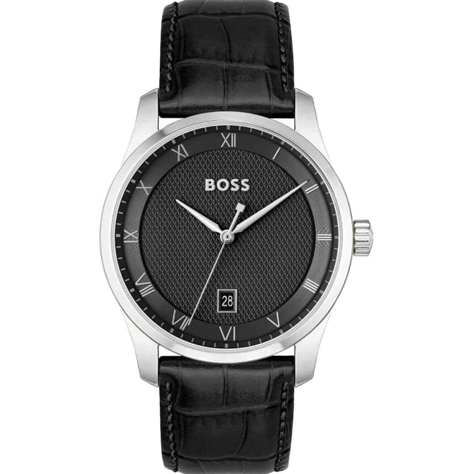 BOSS Men's PRINCIPLE 41mm Black Dial Leather Strap Watch