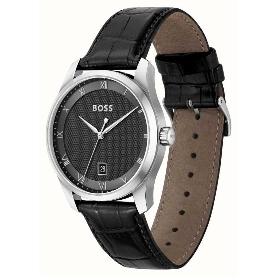 BOSS Men's PRINCIPLE 41mm Black Dial Leather Strap Watch