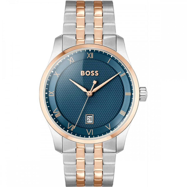 BOSS Men's PRINCIPLE Blue Dial Rose Gold Two Tone 41mm Watch