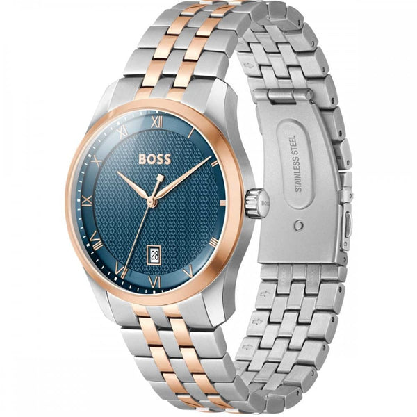 BOSS Men's PRINCIPLE Blue Dial Rose Gold Two Tone 41mm Watch