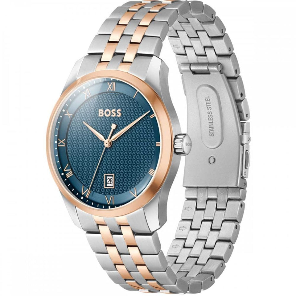 BOSS Men's PRINCIPLE Blue Dial Rose Gold Two Tone 41mm Watch