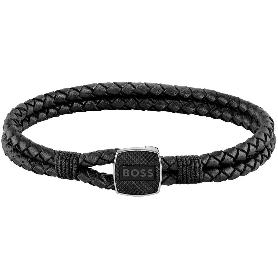 BOSS Men's Seal Black Leather Bracelet
