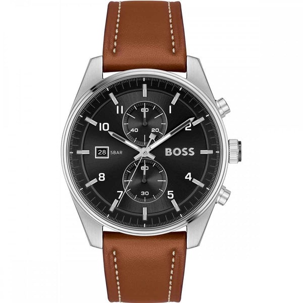 BOSS Men's SKYTRAVELLER Black Dial Brown Leather Strap 44mm Watch