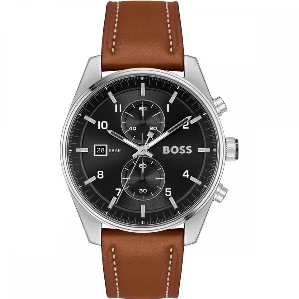 BOSS Men's SKYTRAVELLER Black Dial Brown Leather Strap 44mm Watch