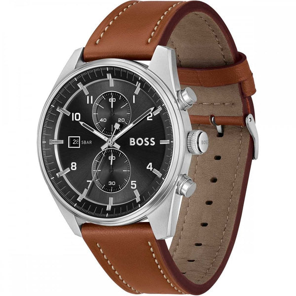 BOSS Men's SKYTRAVELLER Black Dial Brown Leather Strap 44mm Watch