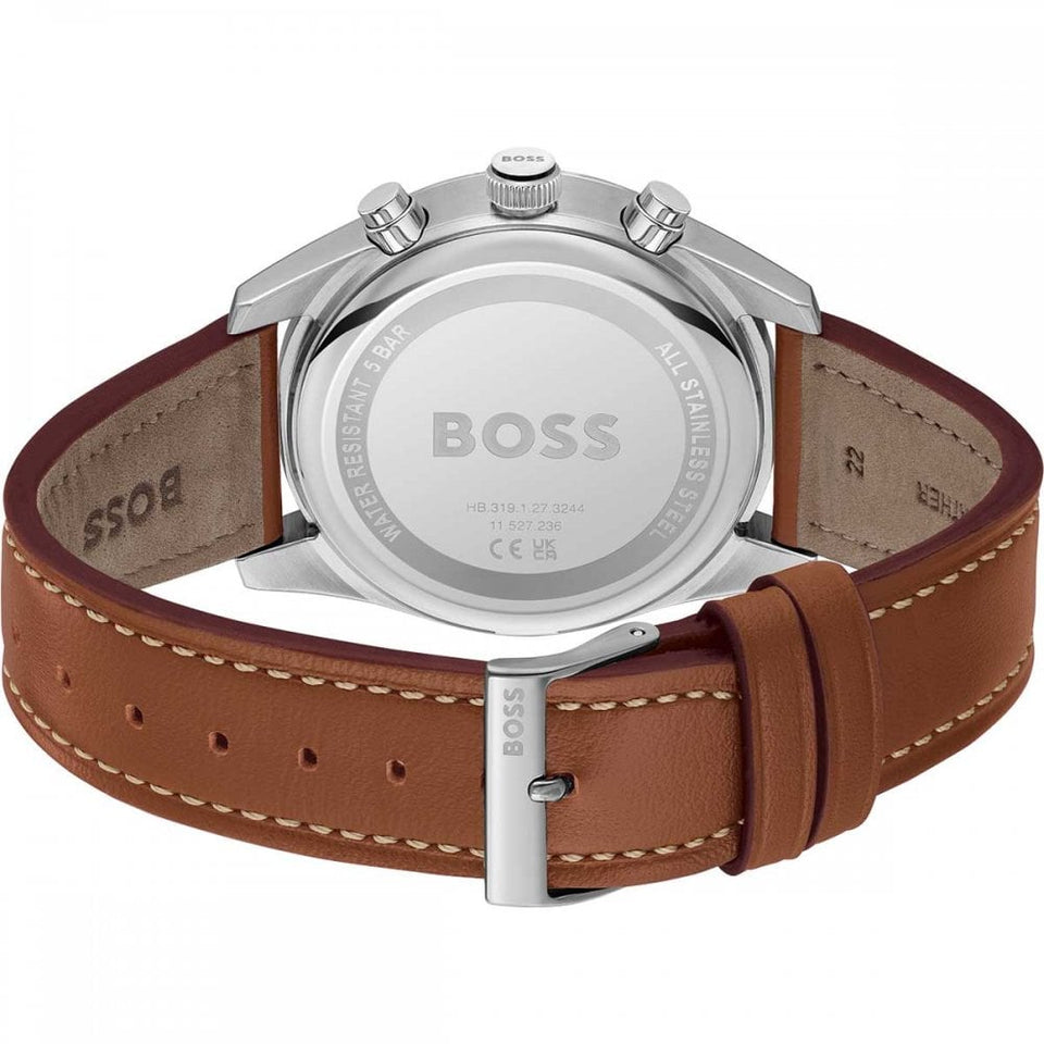 BOSS Men's SKYTRAVELLER Black Dial Brown Leather Strap 44mm Watch