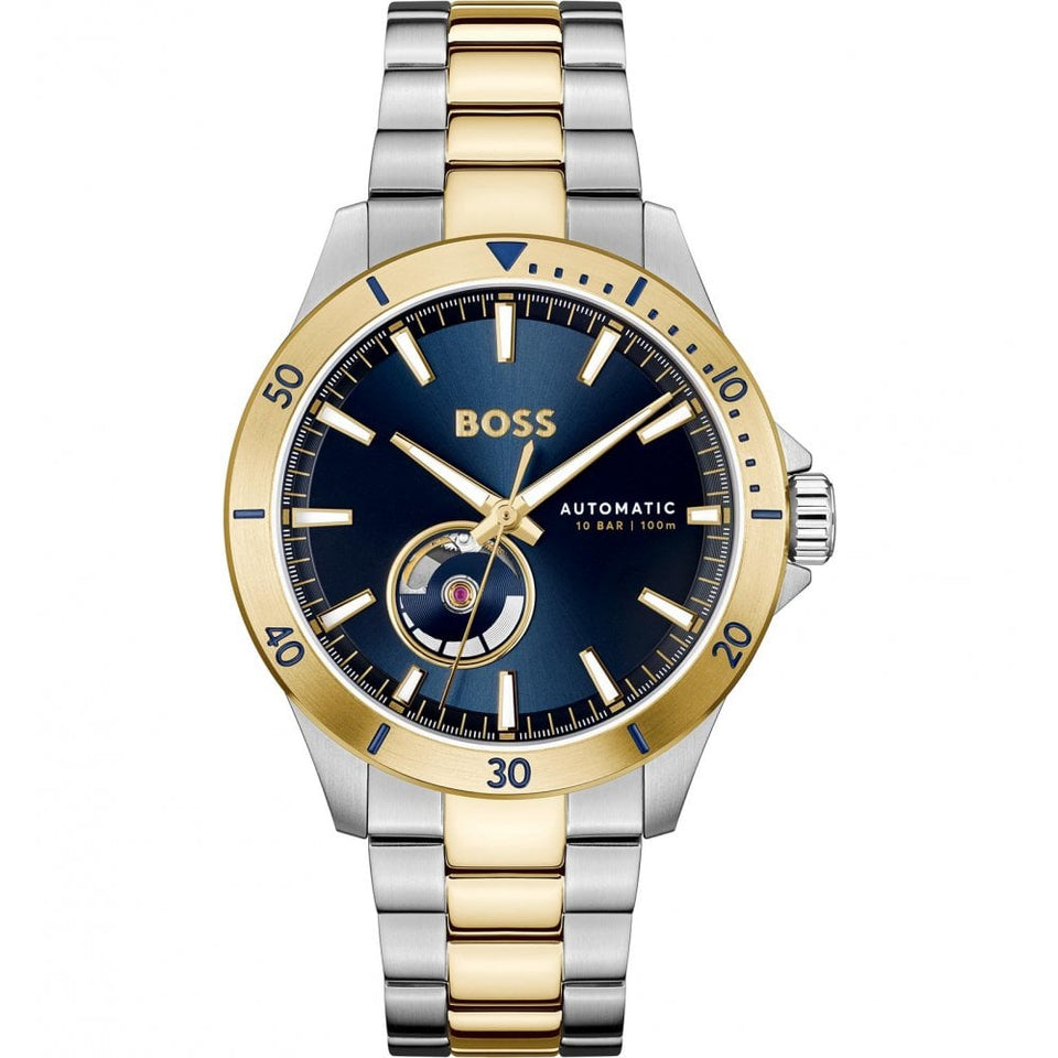 BOSS Men's TROPER AUTO 44mm Blue Dial Two Tone Watch