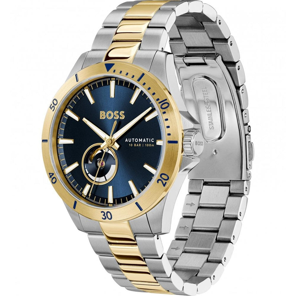 BOSS Men's TROPER AUTO 44mm Blue Dial Two Tone Watch