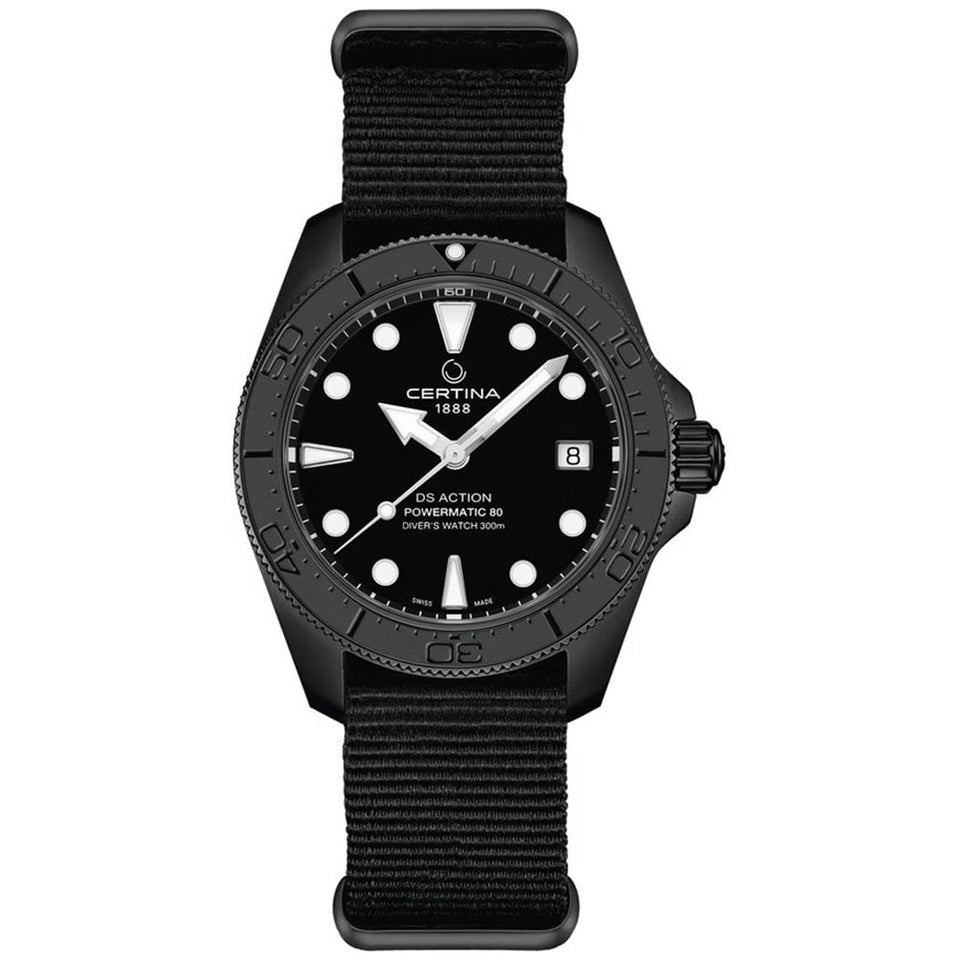 Certina Men's DS Action 38mm Powermatic 80 All Black Ceramic Bezel Watch