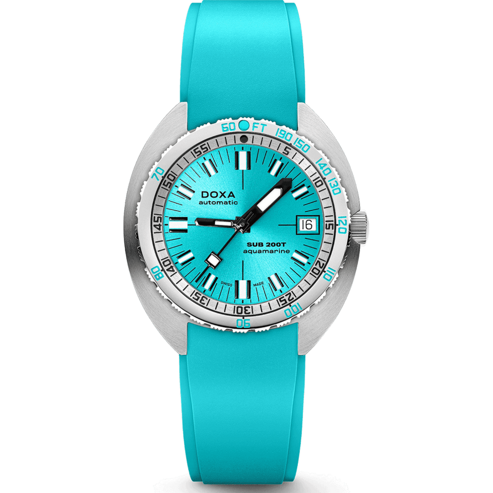 Doxa Men's SUB 200T Aquamarine 39mm Blue Sunray Dial Rubber Strap Watch