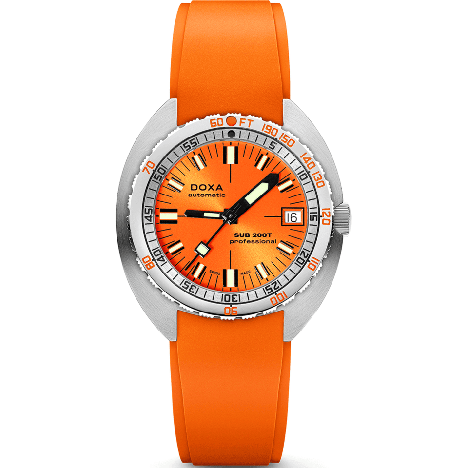 Doxa Men's SUB 200T Professional 39mm Orange Sunray Dial Rubber Strap Watch