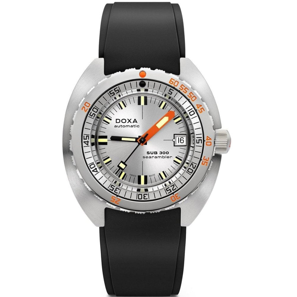 Doxa SUB 300 SS Searambler Rubber Watch, Silver