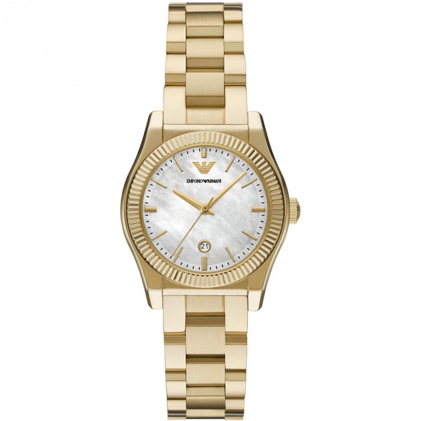 Emporio Armani Ladies Federica Mother Of Pearl Dial Gold Plated Watch