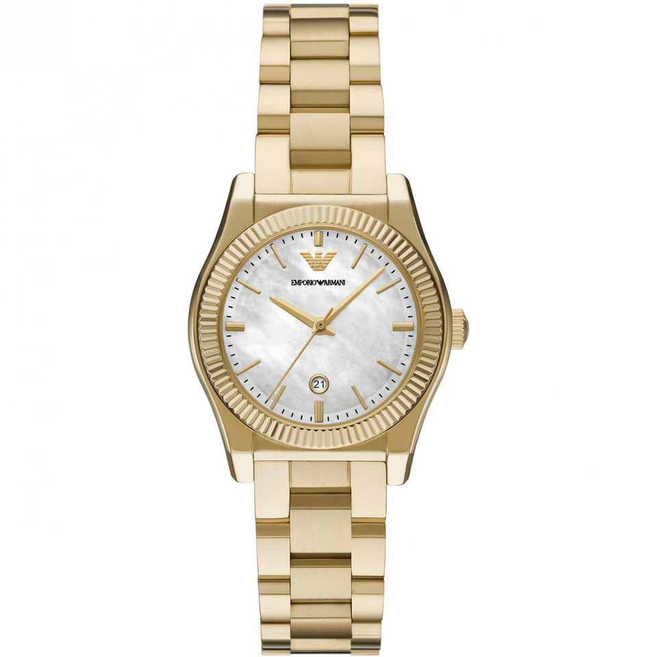 Emporio Armani Ladies Federica Mother Of Pearl Dial Gold Plated Watch