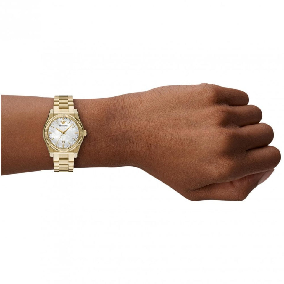 Emporio Armani Ladies Federica Mother Of Pearl Dial Gold Plated Watch