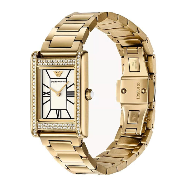 Emporio Armani Ladies Genni Rectangle Dial Gold Plated Watch