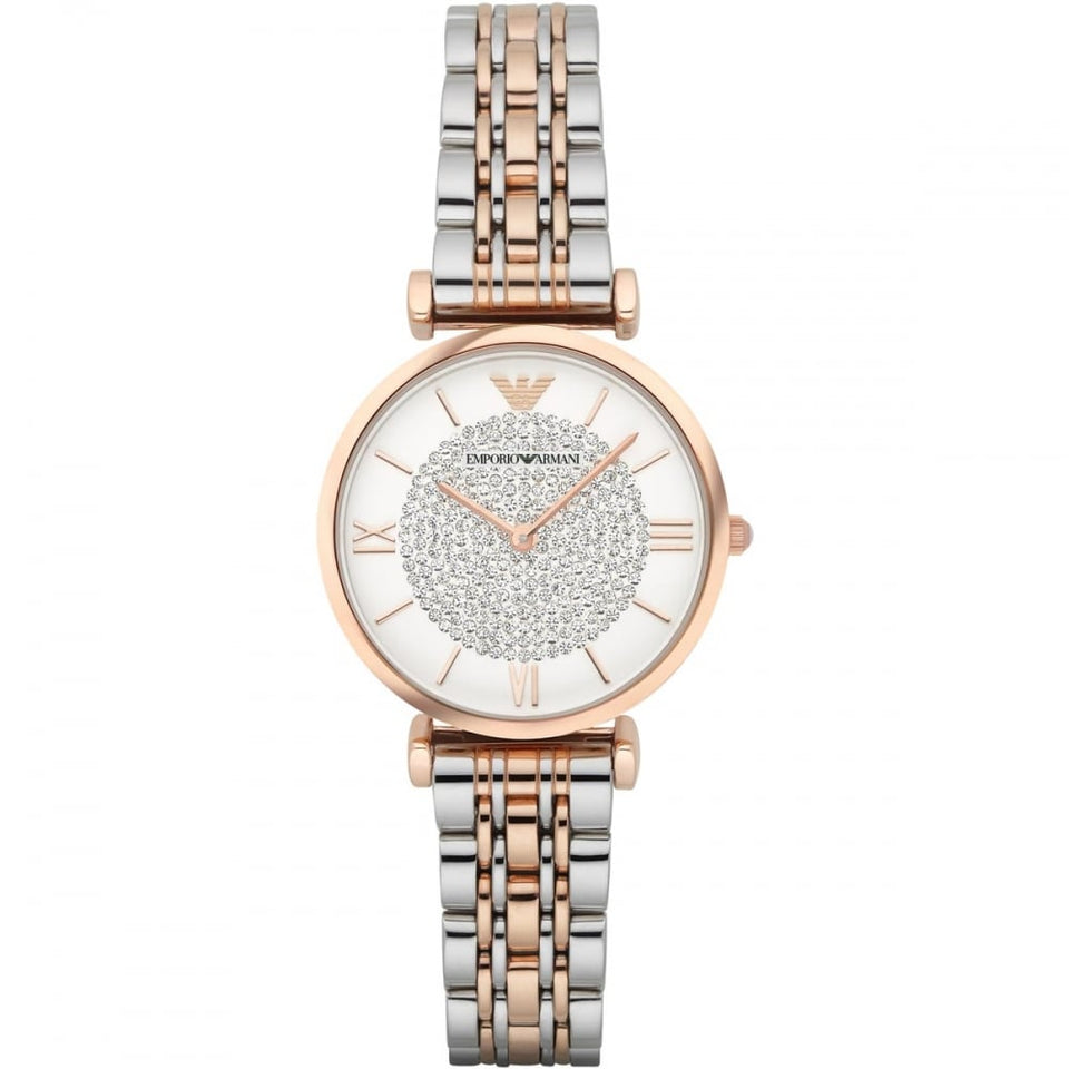 Emporio Armani Ladies Gianni T-Bar 32mm Two Tone Stone Set Watch