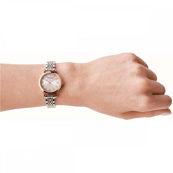Emporio Armani Ladies Gianni Two Tone T-Bar Pink Dial Watch