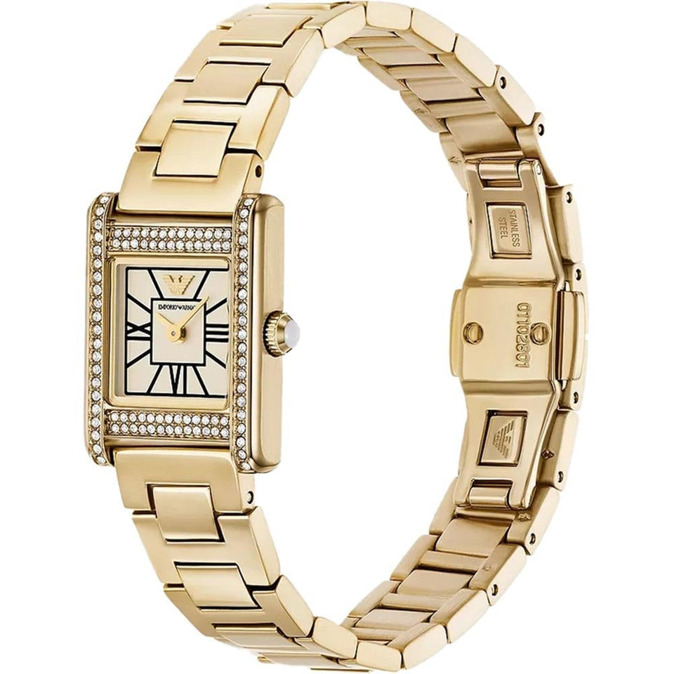 Emporio Armani Ladies Gold Toned Rectangle Dial Bracelet Watch