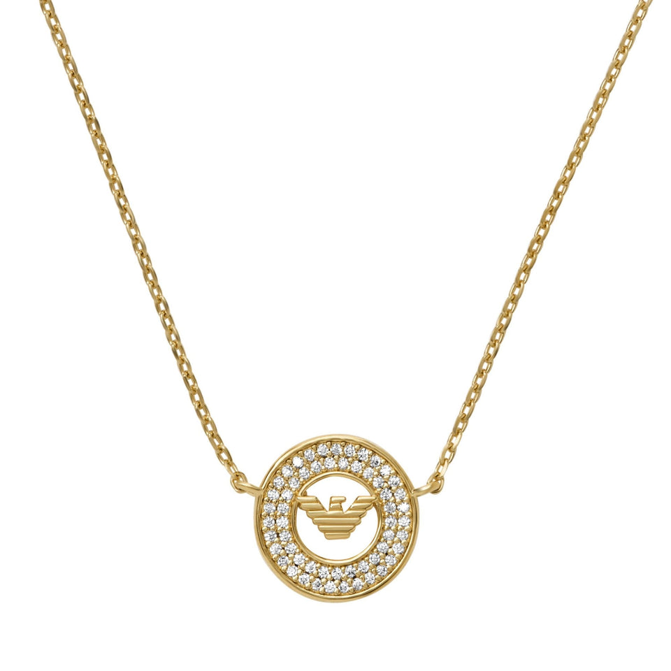 Emporio Armani Ladies Logo Coin Gold Plated Stone Set Necklace
