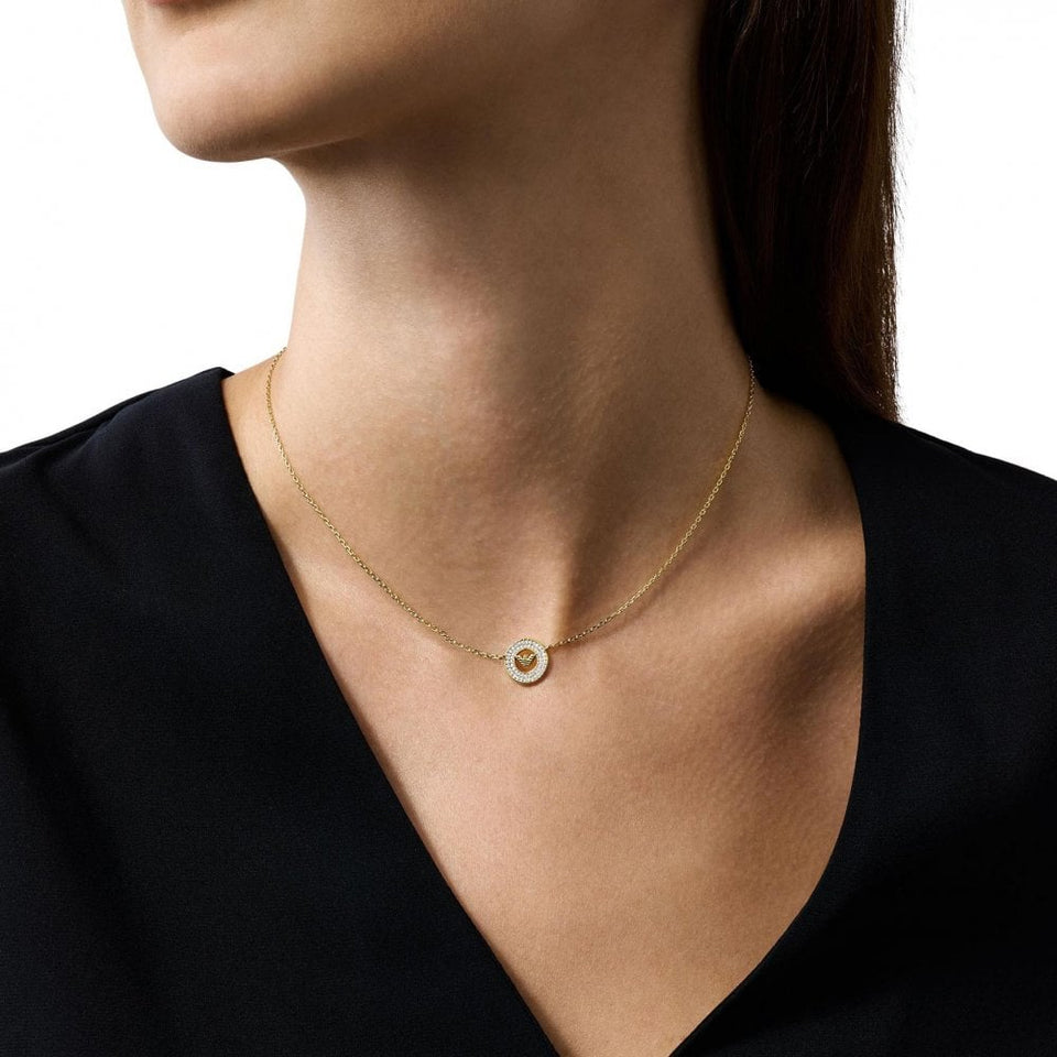 Emporio Armani Ladies Logo Coin Gold Plated Stone Set Necklace
