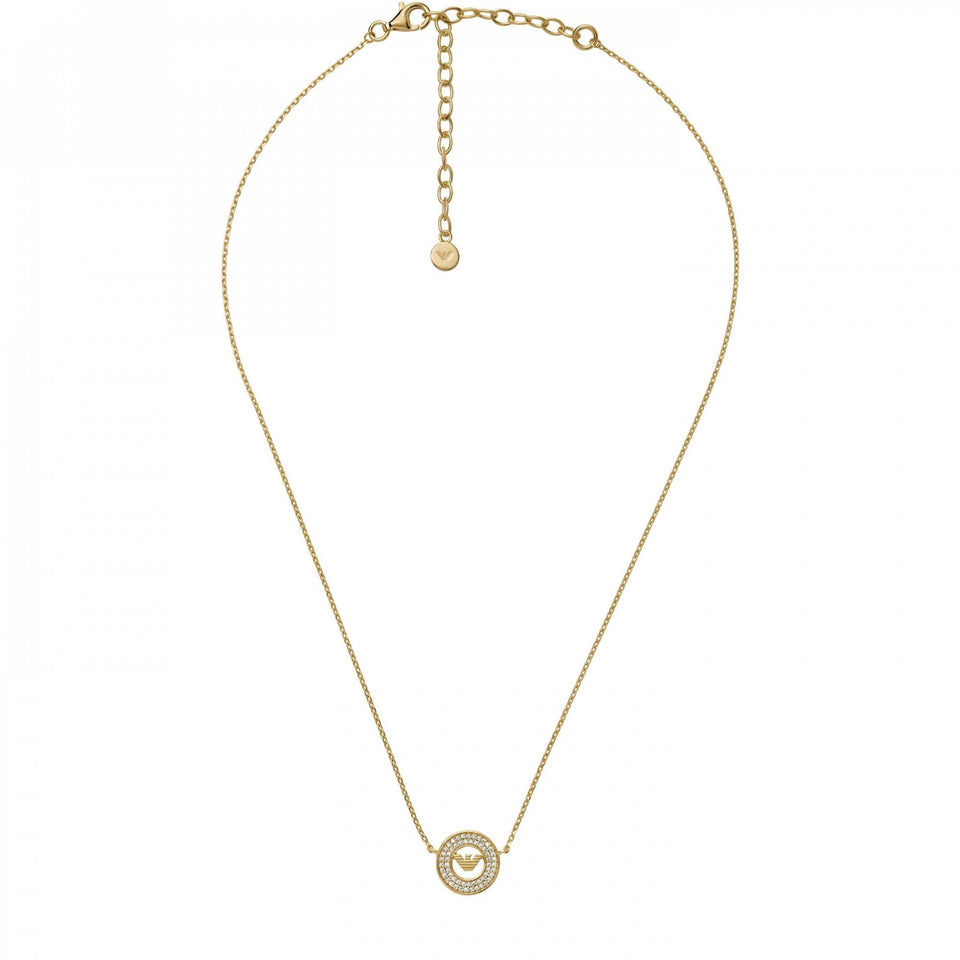 Emporio Armani Ladies Logo Coin Gold Plated Stone Set Necklace