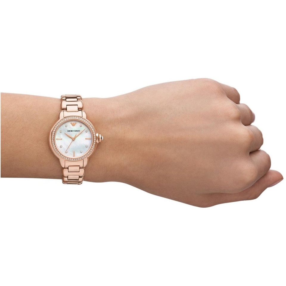 Emporio Armani Ladies Mia 32mm Three-Hand Rose Gold Plated Watch