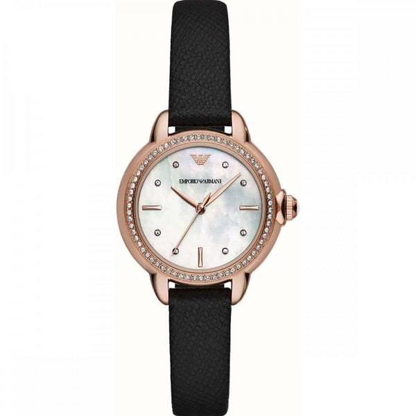 Emporio Armani Ladies Rosa 32mm Rose Gold Black Leather Watch