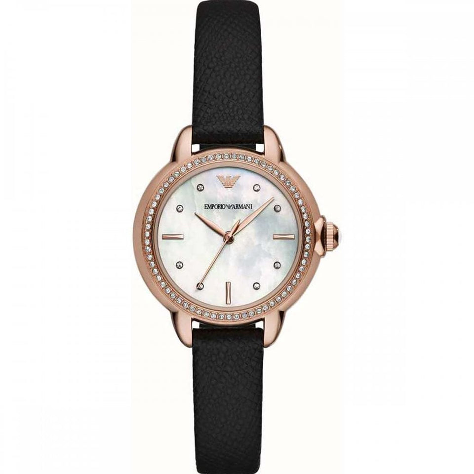Emporio Armani Ladies Rosa 32mm Rose Gold Black Leather Watch