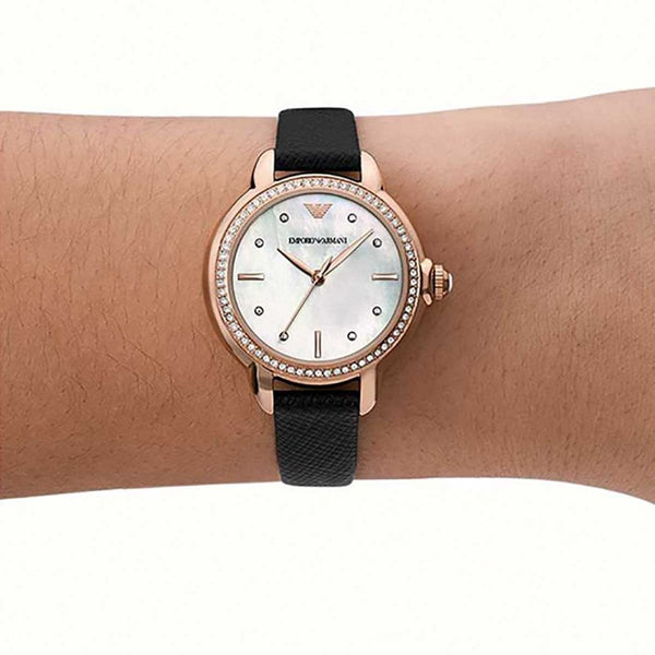 Emporio Armani Ladies Rosa 32mm Rose Gold Black Leather Watch